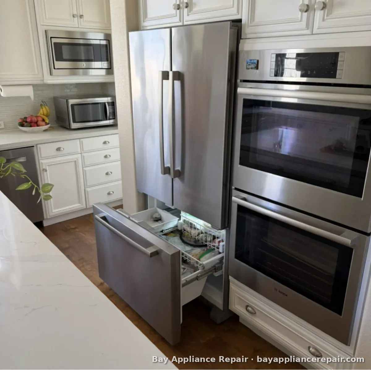 Stainless French-door refrigerator with the freezer drawer open, next to a Bosch double wall oven