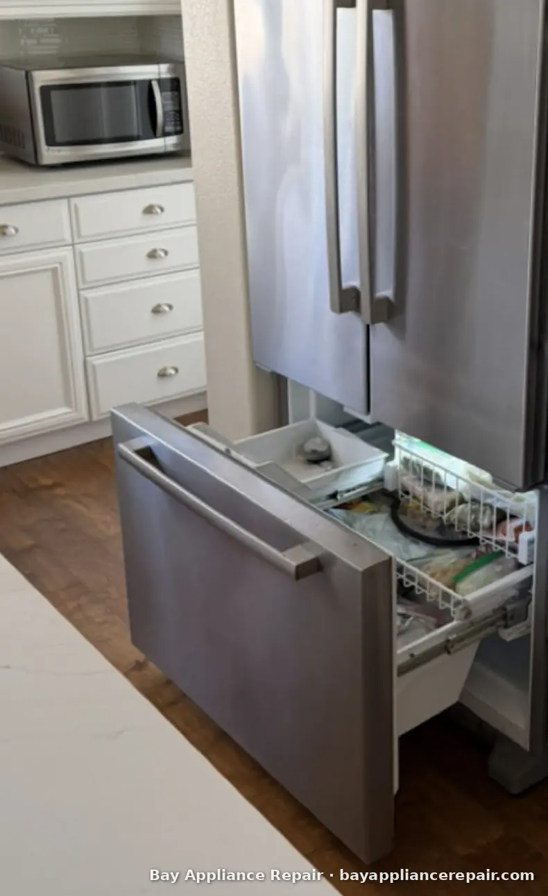 Freezer drawer pulled open on a French door refrigerator