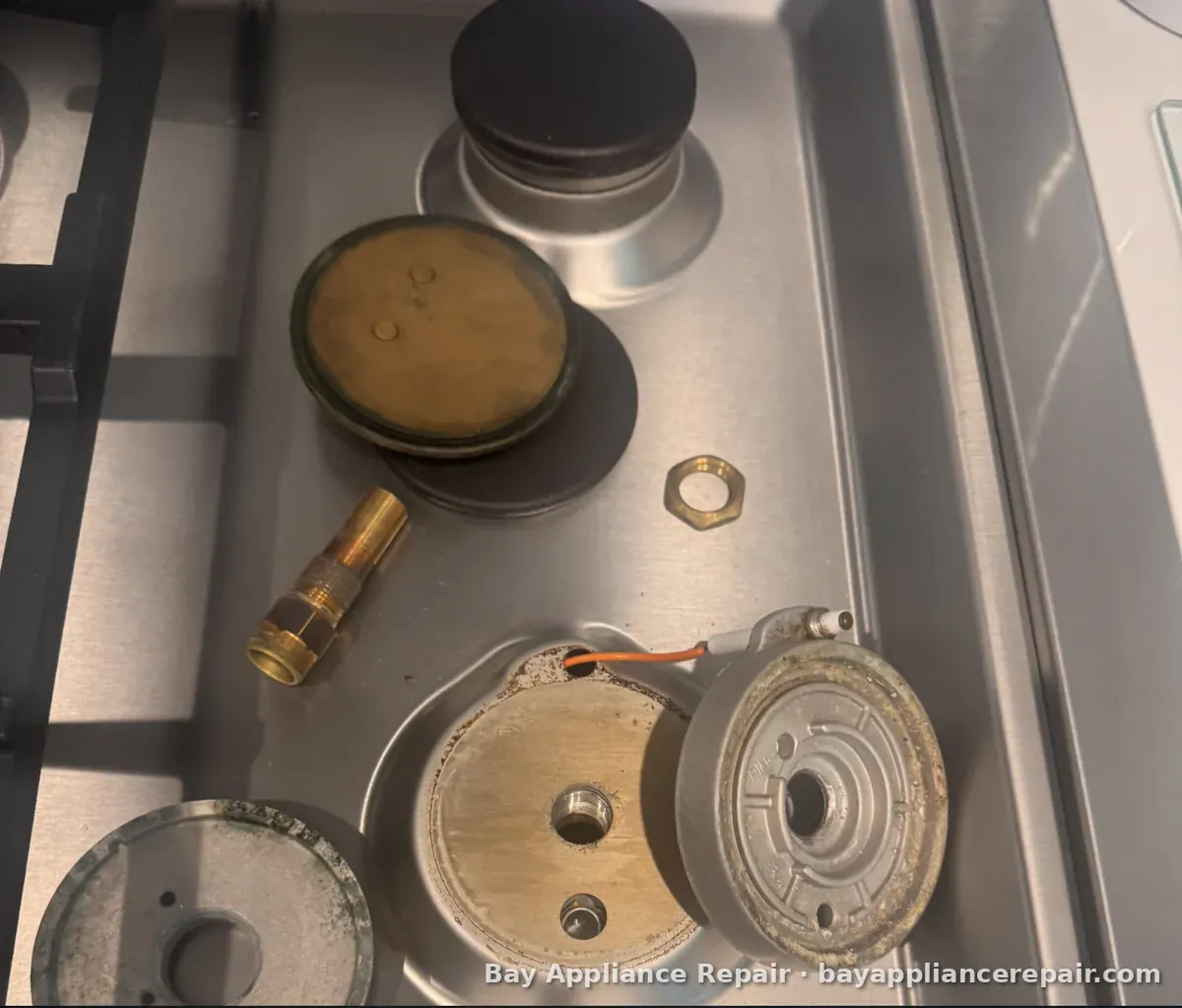 Gas cooktop burner cap, burner base and orifice taken apart on the cooktop