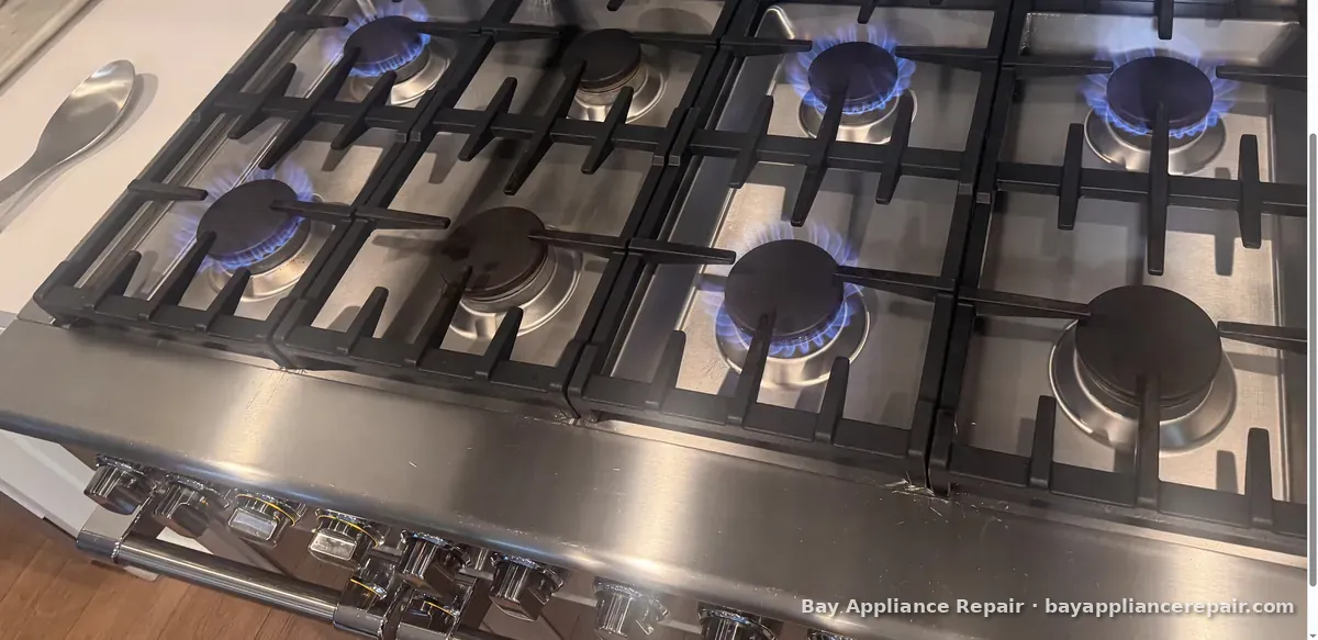 Stainless pro-style gas range with eight burners, several lit