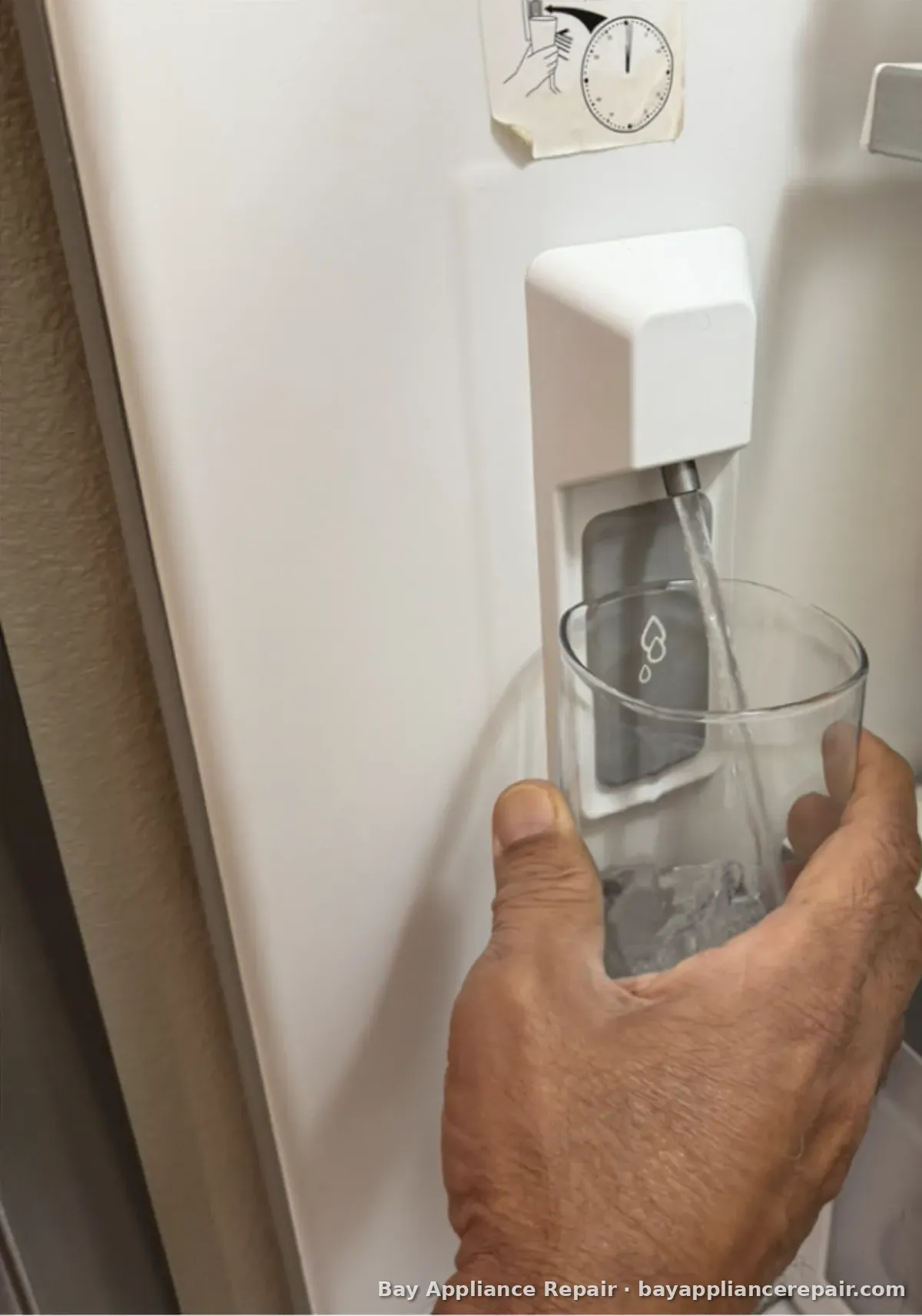 Refrigerator water dispenser filling a glass