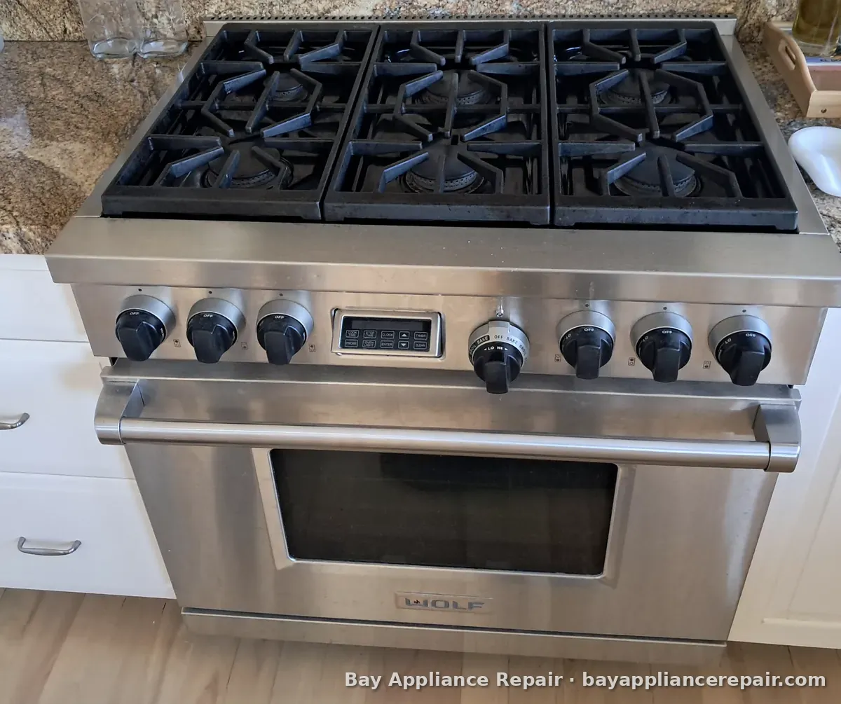 Wolf gas range with six burners and black knobs